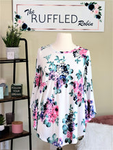 Load image into Gallery viewer, ivory bell sleeve top with fuschia and blue flowers
