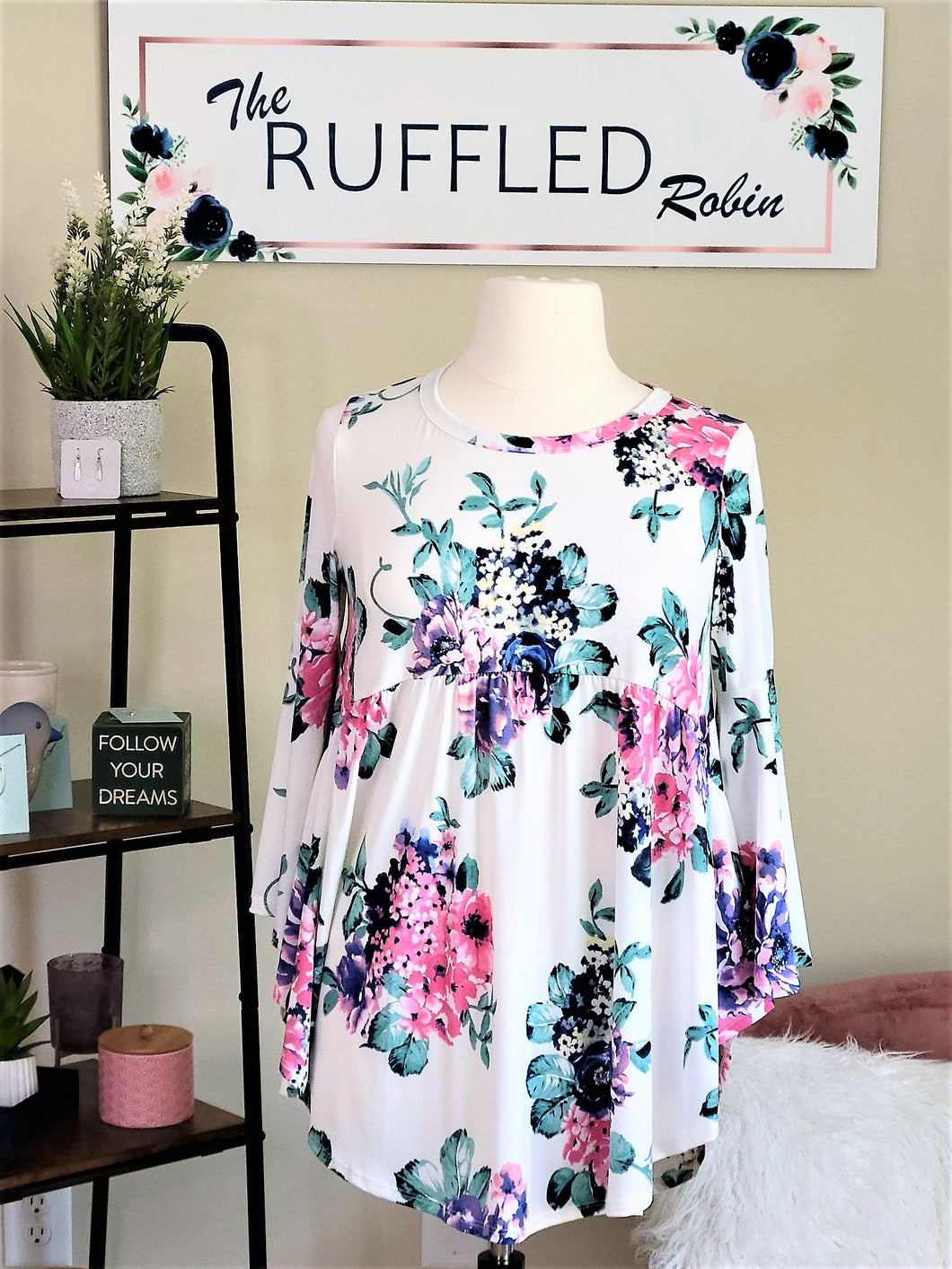 ivory bell sleeve top with fuschia and blue flowers