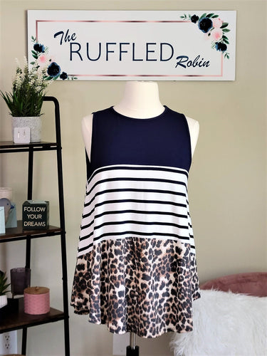 Plus sized Navy color block tank with animal print