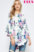 Load image into Gallery viewer, Ivory blouse with blue and pink floral design. Bell sleeves, high waisted, high low hem
